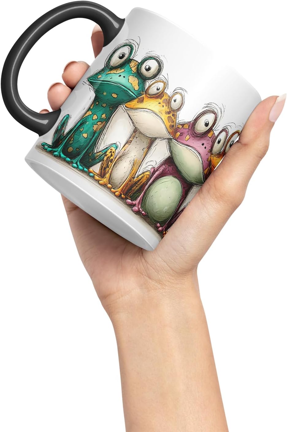 Vixar Funny Colourful Frog Friends Design – Cute raptile Character Mug for Animals Lovers, Coloured Mug Cup Gift, 11oz (Black)