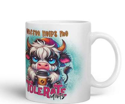 Vixar Coffee Helps Me Tolerate Idiots Highland Cow Coloured Ceramic Mug Cup Gift for Coffee Lovers 11oz (Black)