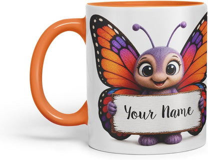 Vixar Personalised Butterfly Mug with Name or Custom Message – Cute Animal Coloured Ceramic Mug Cup Gift, 11oz (Orange)