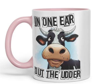 Vixar in One Ear Out The Udder Cow Joke Coloured Ceramic Mug Cup Gift, 11oz (Black)