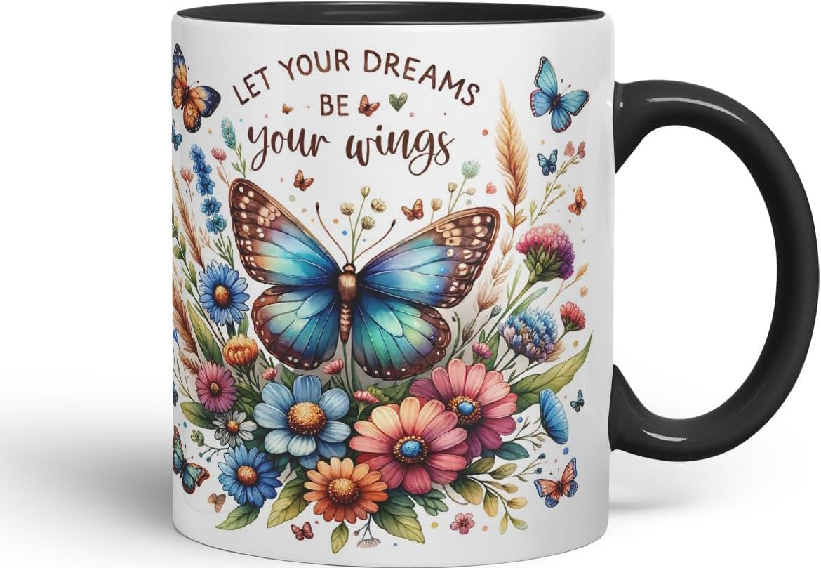 Vixar Let Your Dreams Be Your Wings Butterfly Coloured Mug Cup Floral Inspirational Gift 11oz (Black)