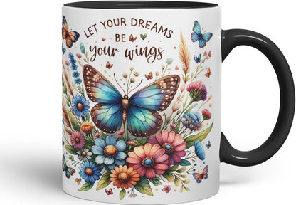 Vixar Let Your Dreams Be Your Wings Butterfly Coloured Mug Cup Floral Inspirational Gift 11oz (Black)