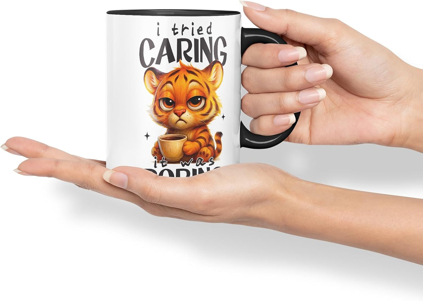 Vixar I Tried Caring It was Boring Funny Tiger Mug – Coloured Ceramic Mug Cup Gift, 11oz (Black)