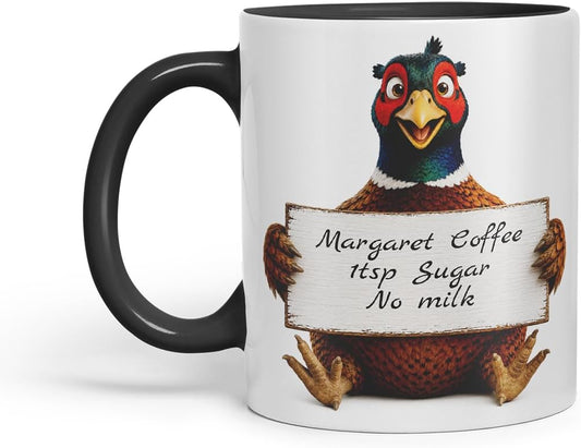 Vixar Personalised Pheasant Mug with Name or Custom Message – Cute Animal Coloured Ceramic Mug Cup Gift, 11oz (Black)