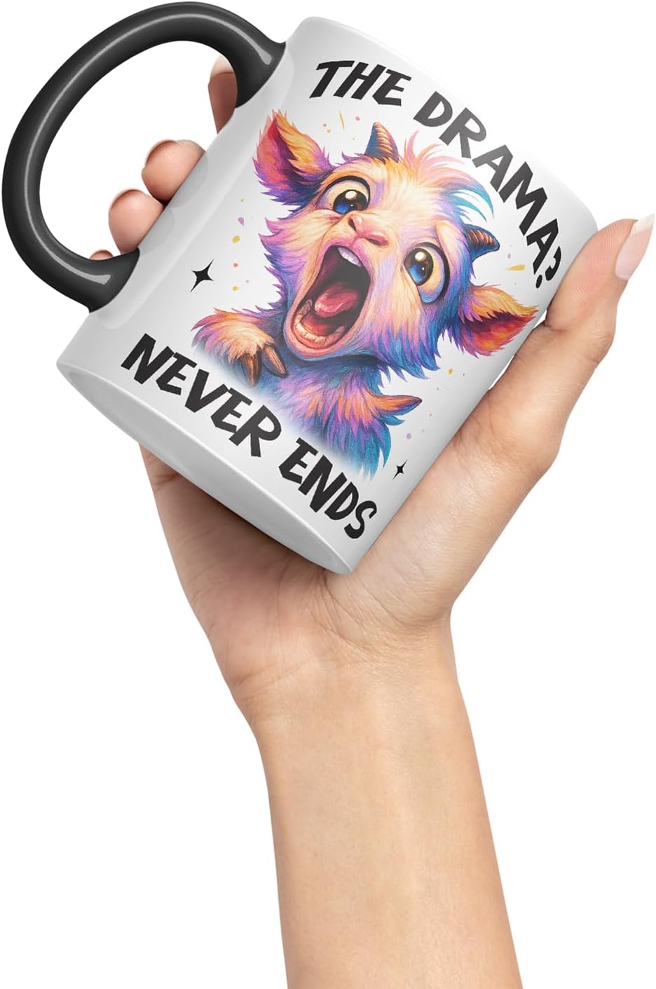 Vixar The Drama Never Ends Sarcastic Goat – Coloured Ceramic Mug Cup Gift, 11oz (Black)