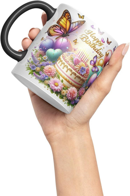 Vixar Happy Birthday Cake with Butterflies Coloured Ceramic Mug Cup Gift 11oz V2 (Black)