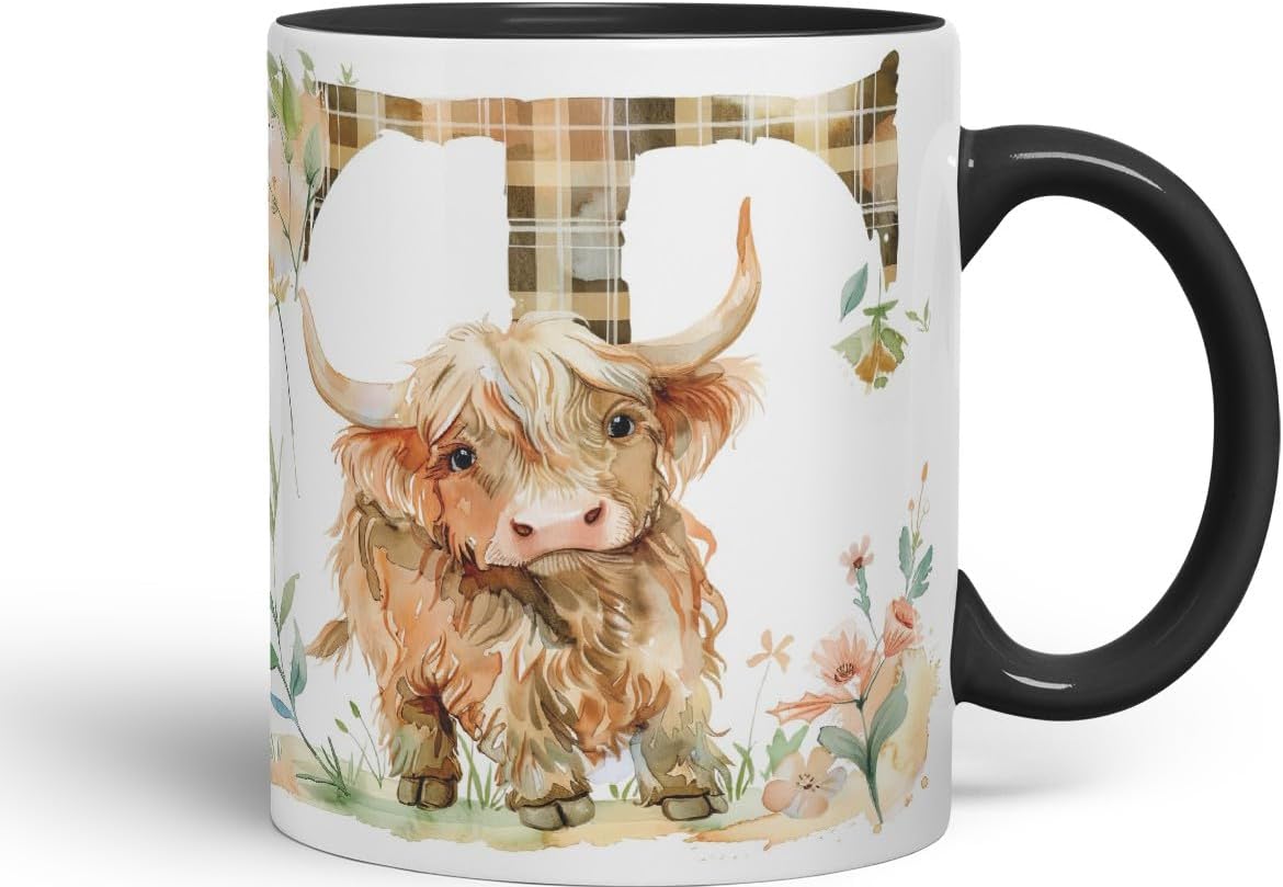 Vixar Highland Cow Alphabet Monogram Coloured Ceramic Cup Mug – Letter T – Rustic Farmhouse Animal Letter Gift – 11oz (Black)
