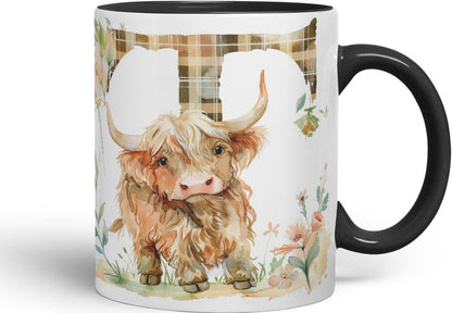 Vixar Highland Cow Alphabet Monogram Coloured Ceramic Cup Mug – Letter T – Rustic Farmhouse Animal Letter Gift – 11oz (Black)