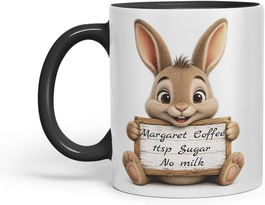 Vixar Personalised Hare Mug with Name or Custom Message – Cute Animal Coloured Ceramic Mug Cup Gift, 11oz (Black)