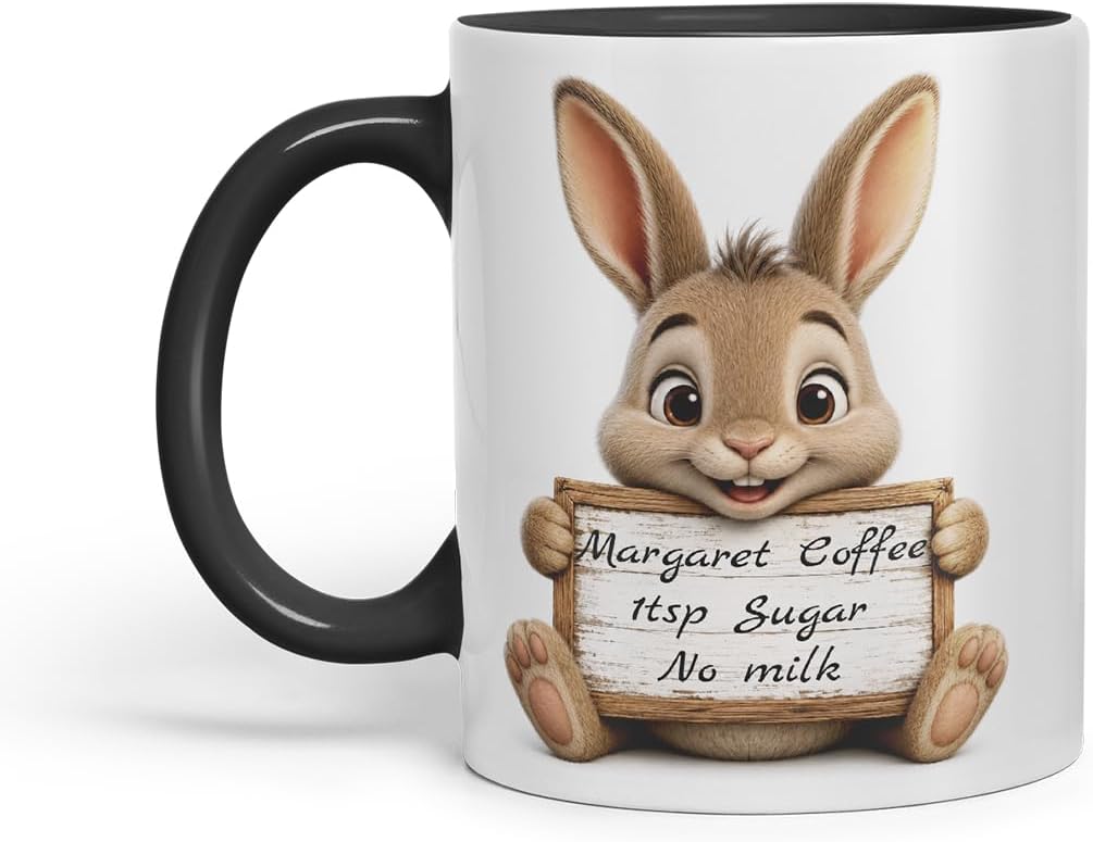 Vixar Personalised Hare Mug with Name or Custom Message – Cute Animal Coloured Ceramic Mug Cup Gift, 11oz (Black)