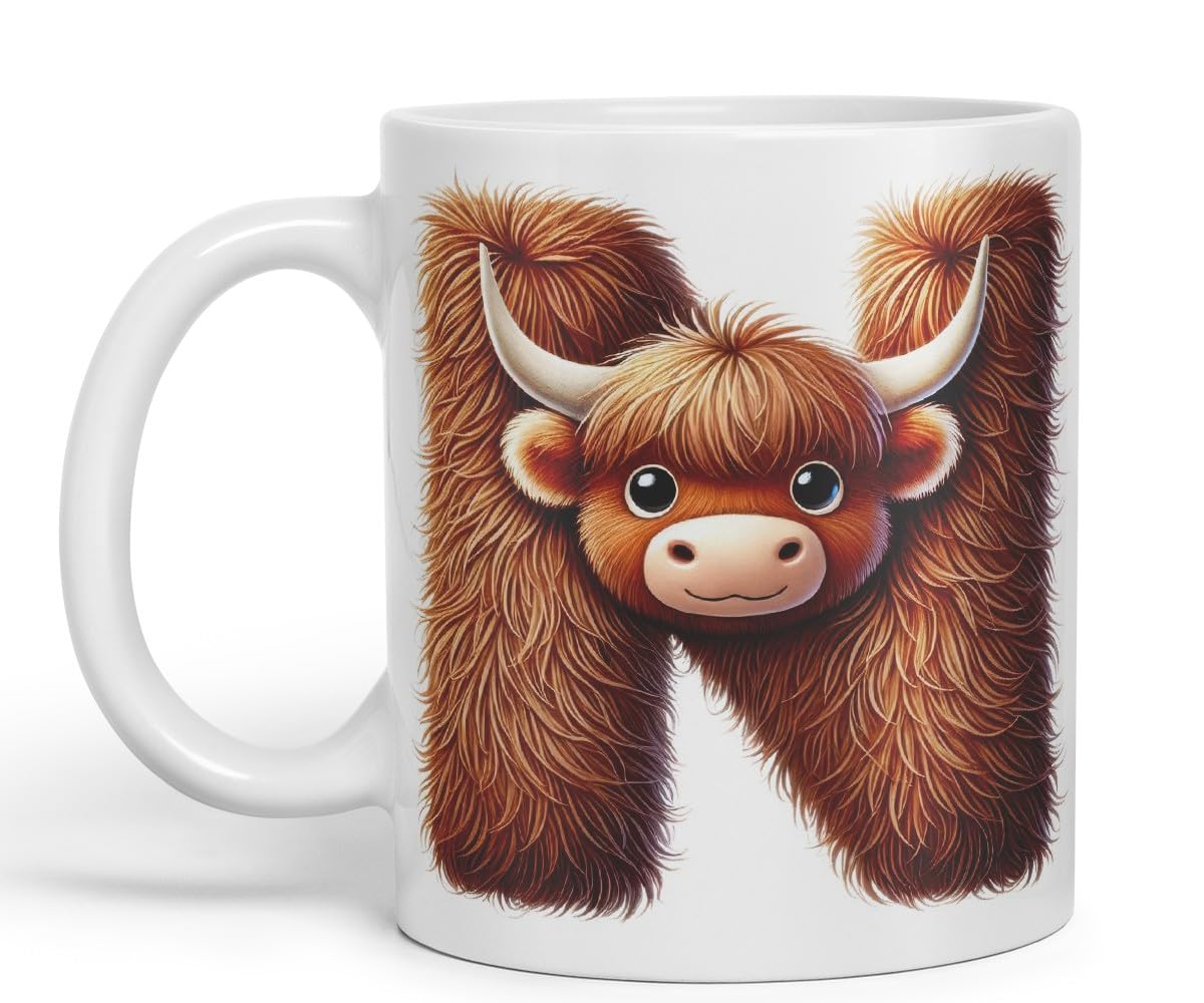 Highland Cow Alphabet Monogram Coloured Ceramic Cup Mug Letter N Rustic Farmhouse Animal Letter Gift V2 11oz (Black)