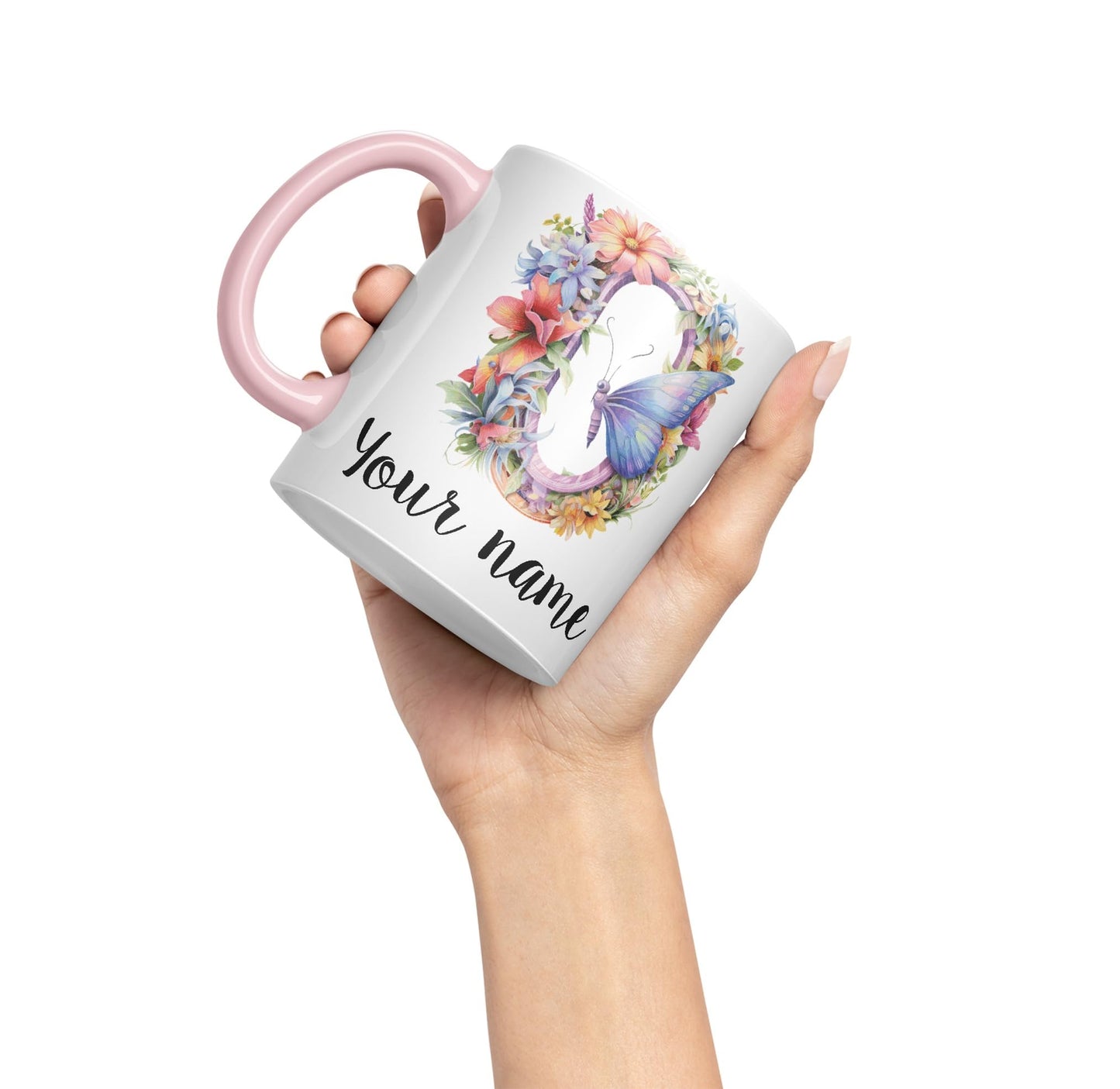 Personalised Letter O mug, Customized Custom Floral flowers butterfly Alphabet Letter O Monogram watercolour Ceramic Coloured Mug Cup for Tea Coffee Hot brew 330ml 11Oz Gift