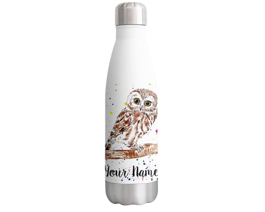 Vixar Owl Personalised Custom Bottle with your Text/name Watercolour owls Bird Animals Bottle Double Wall Insulated Stainless Steel Sport Drinks 500ml V2