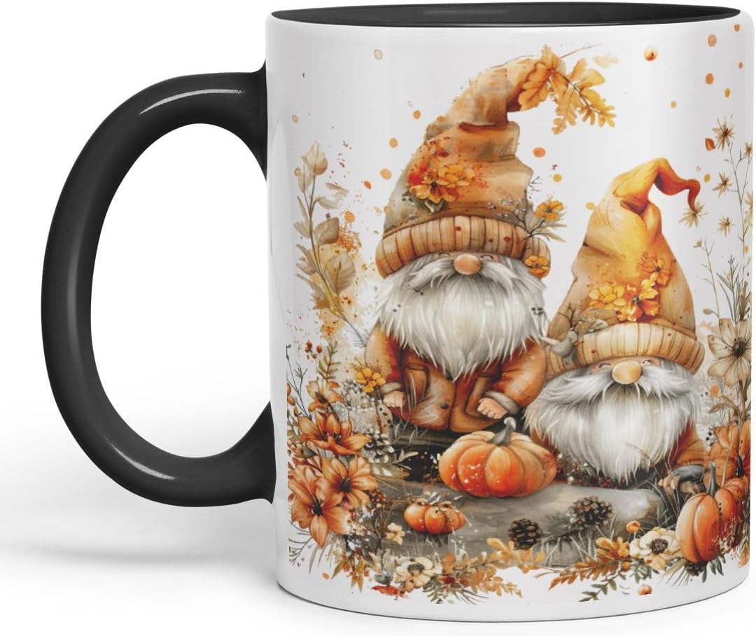 Vixar Ceramic Mug with Autumn Gnomes and Pumpkins Gnome Ceramic Coloured Mug Cup 330ml 11Oz (Black)