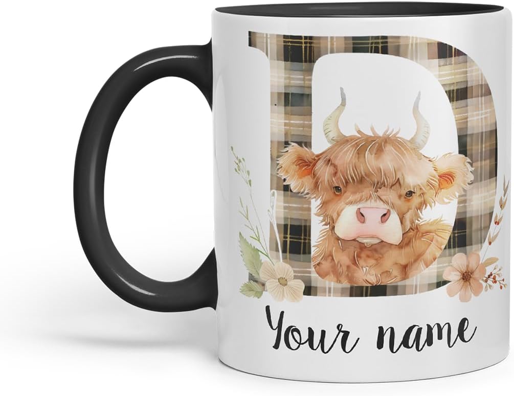 Vixar Personalised Highland Cow Initial Letter D Custom Name Mug – Coloured Ceramic Mug Cup Gift, 11oz (Black)