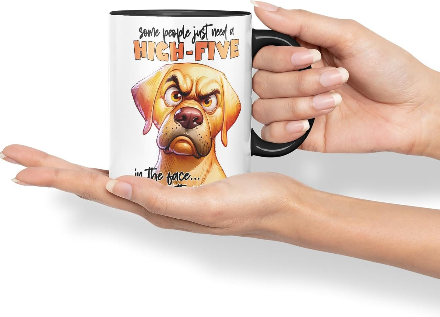 Vixar Some People Just Need a High-Five in The Face with a Chair Dog Coloured Ceramic Mug Cup 11oz Funny Sarcastic Gift (Black)