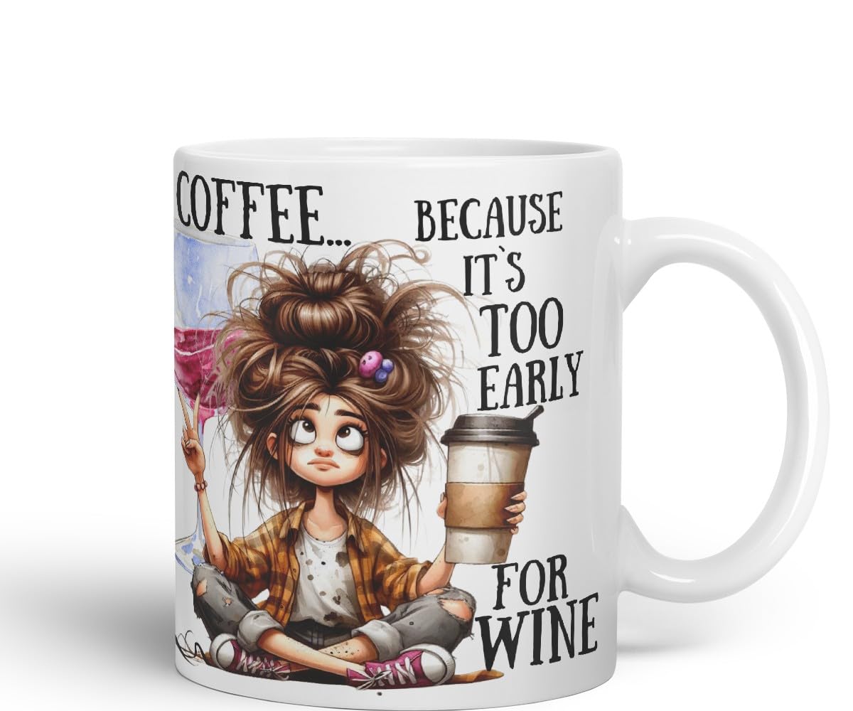 Vixar Coffee Because It’s Too Early for Wine Mug – Coloured Ceramic Mug Cup Gift, 11oz (Black)