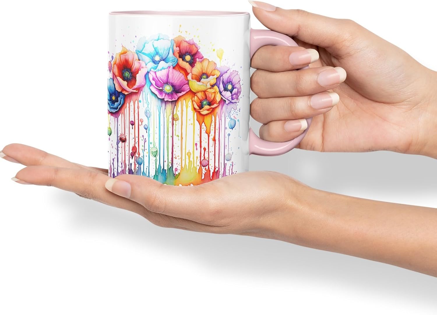 Vixar Poppy Field Art Mug Coloured Ceramic Mug Cup Gift, 11oz (Pink)