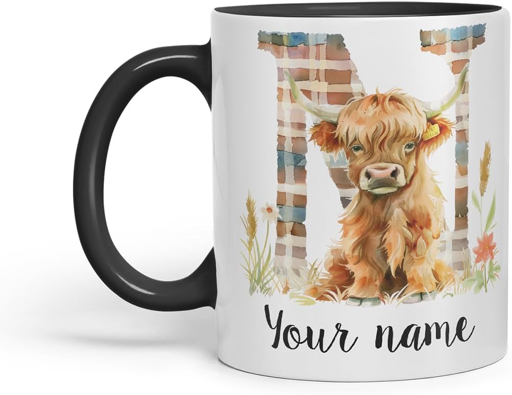 Vixar Personalised Highland Cow Initial Letter N Custom Name Mug – Coloured Ceramic Mug Cup Gift, 11oz (Black)