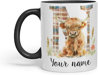 Vixar Personalised Highland Cow Initial Letter N Custom Name Mug – Coloured Ceramic Mug Cup Gift, 11oz (Black)