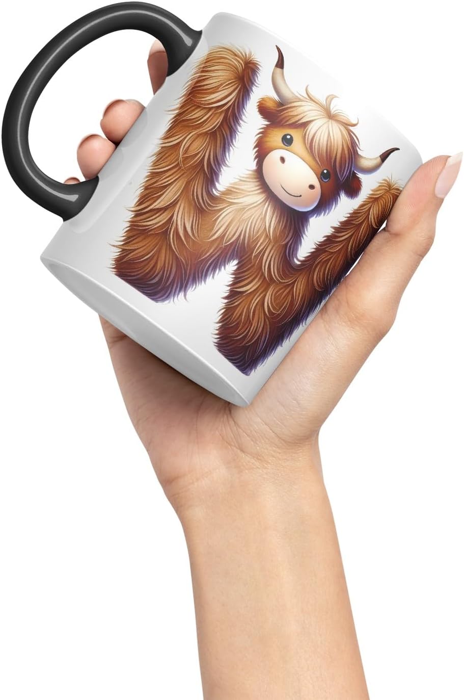 Highland Cow Alphabet Monogram Coloured Ceramic Cup Mug Letter W Rustic Farmhouse Animal Letter Gift V2 11oz (Black)