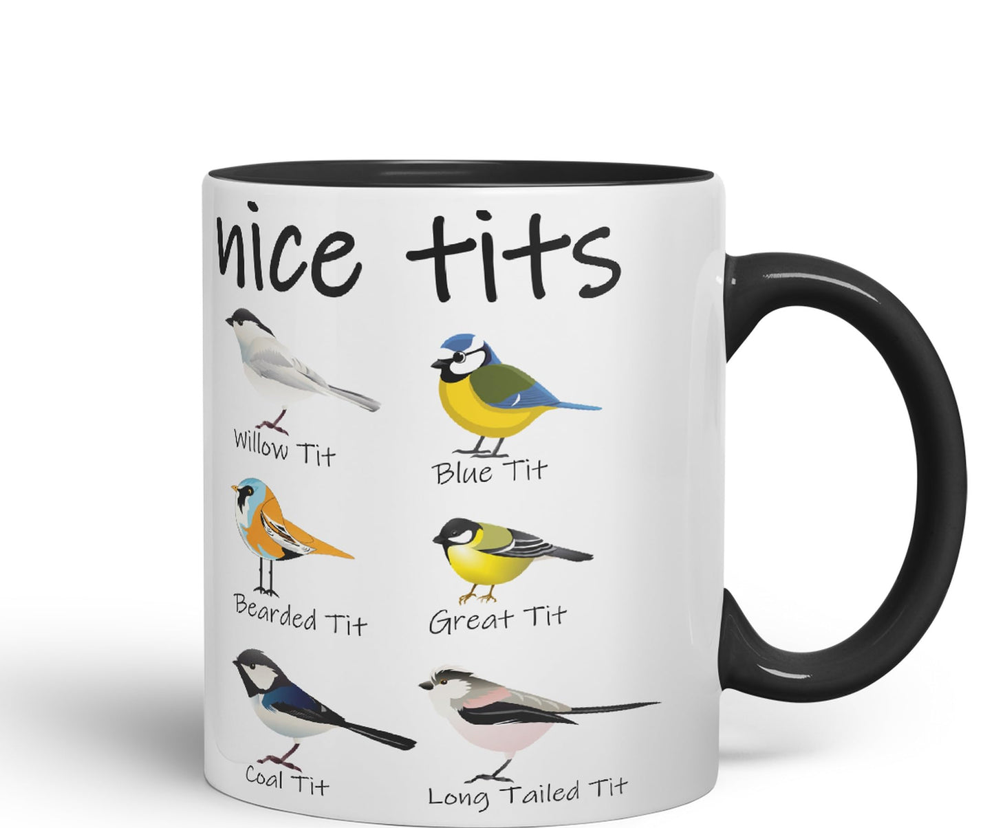 Nice Tits,Willow tit, Blue tit, Bearded tit, Great tit, Coal tit, Long Tailed tit, Sarcastic Joke Ceramic Coloured Mug Cup for Tea Coffee Hot Brew 330ml 11 OZ