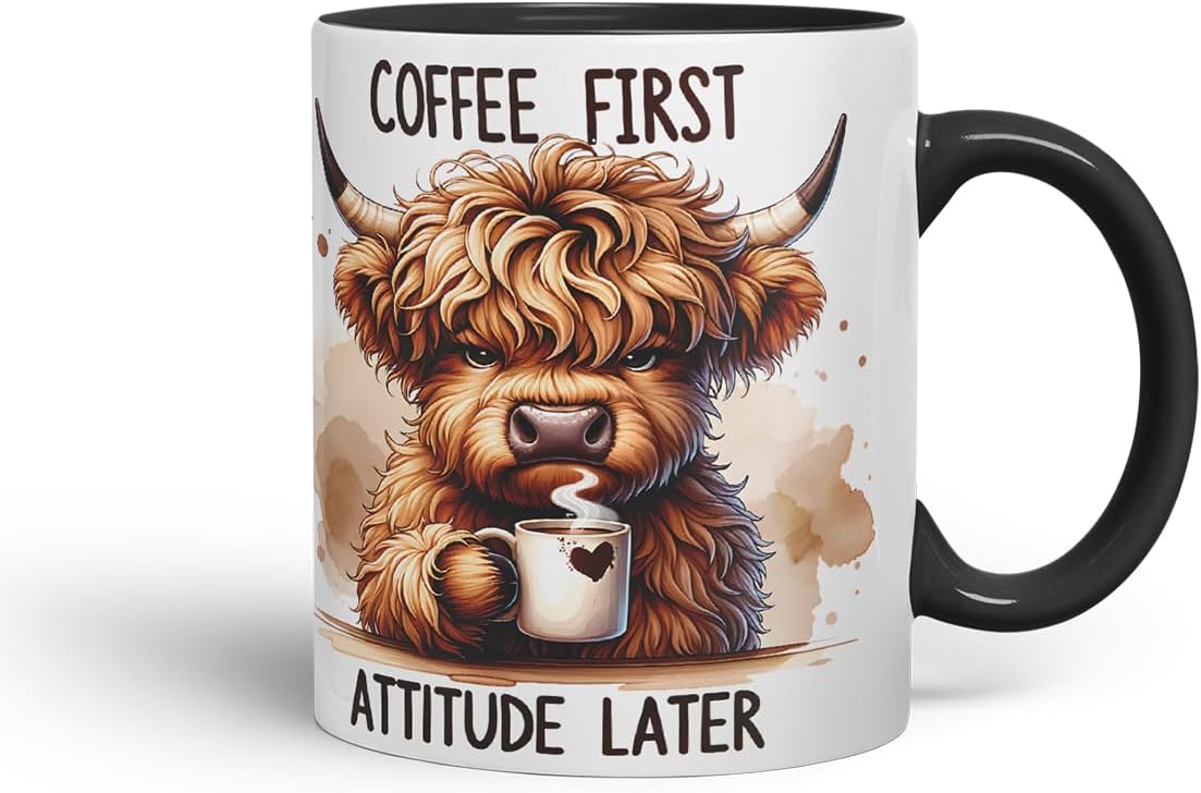 Vixar Coffee First Highland Cow Mug – Coloured Ceramic Mug Cup Gift, 11oz (Black)
