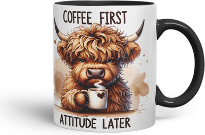 Vixar Coffee First Highland Cow Mug – Coloured Ceramic Mug Cup Gift, 11oz (Black)