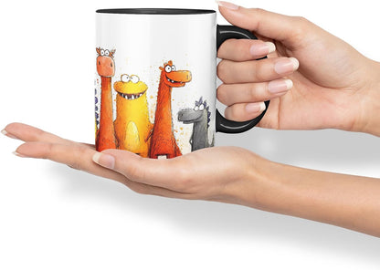 Vixar Funny Colourful Dino Friends Design – Cute Dinosaur Character Mug for Dino Lovers, Coloured Mug Cup Gift, 11oz (Black)