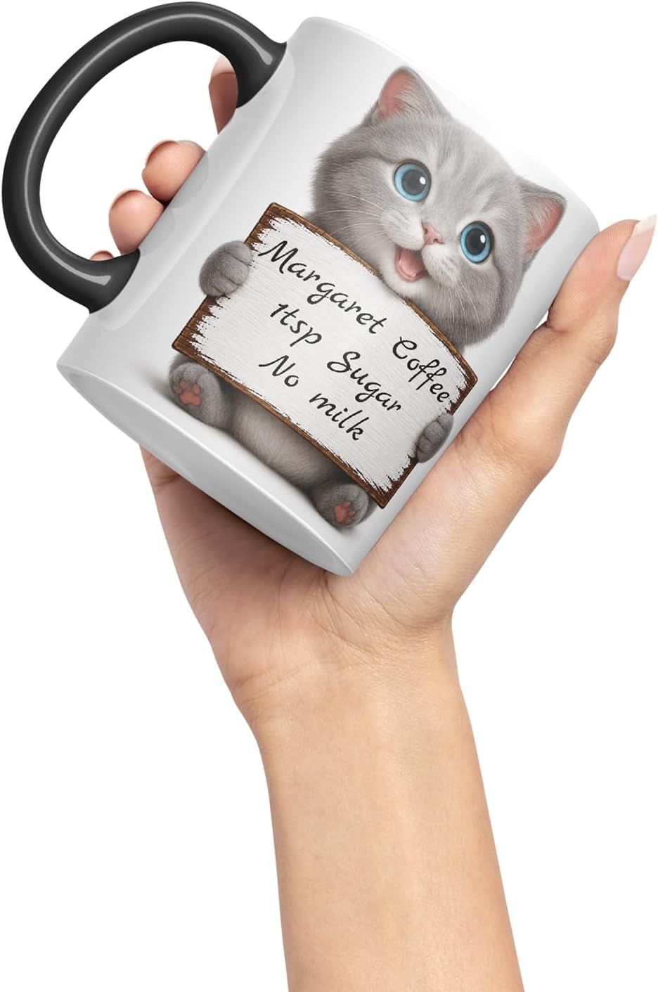 Vixar Personalised Grey Kitten Mug with Name or Custom Message – Cute Animal Coloured Ceramic Mug Cup Gift, 11oz (Black)