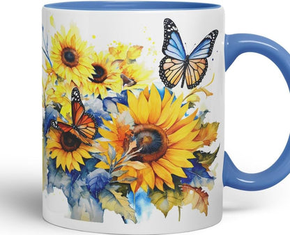 Vixar Ceramic Mug “Sunflower & Butterfly” – Coloured Coffee & Tea Mug Cup 11oz 330ml (Cambridge Blue)