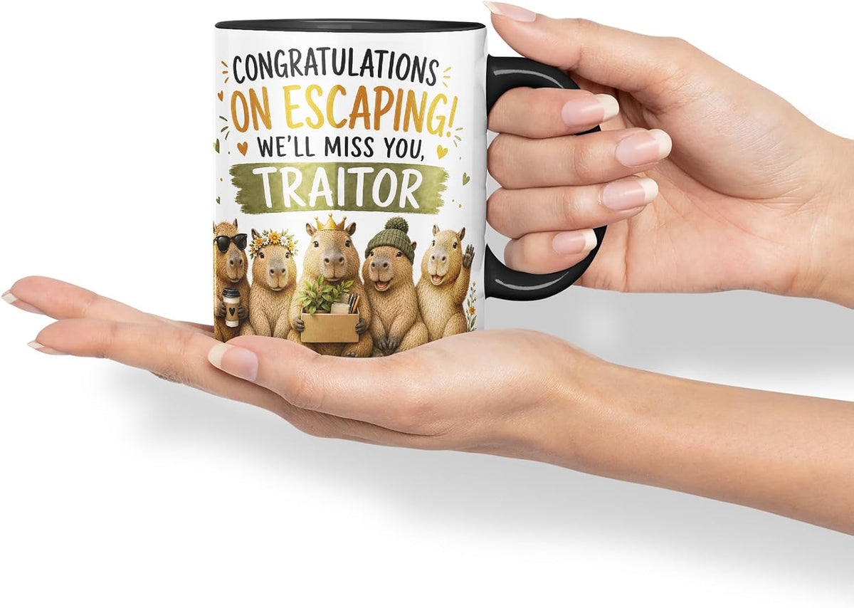 Vixar Congratulations on Escaping! We'll Miss You, Traitor Mug – Funny Coworker Leaving Colleague Goodbye Gift, 11oz (Black)
