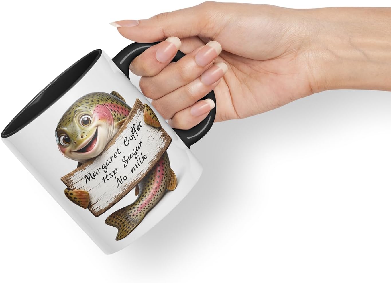 Vixar Personalised Trout Fish Mug with Name or Custom Message – Cute Animal Coloured Ceramic Mug Cup Gift, 11oz (Black)