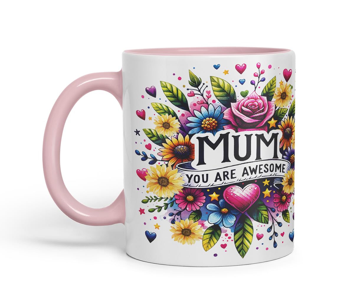 Vixar Mum You are Awesome Floral Mug – Coloured Ceramic Mug Cup Gift, 11oz (Black)