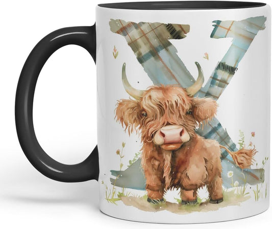 Vixar Highland Cow Alphabet Monogram Coloured Ceramic Cup Mug – Letter X – Rustic Farmhouse Animal Letter Gift – 11oz (Black)