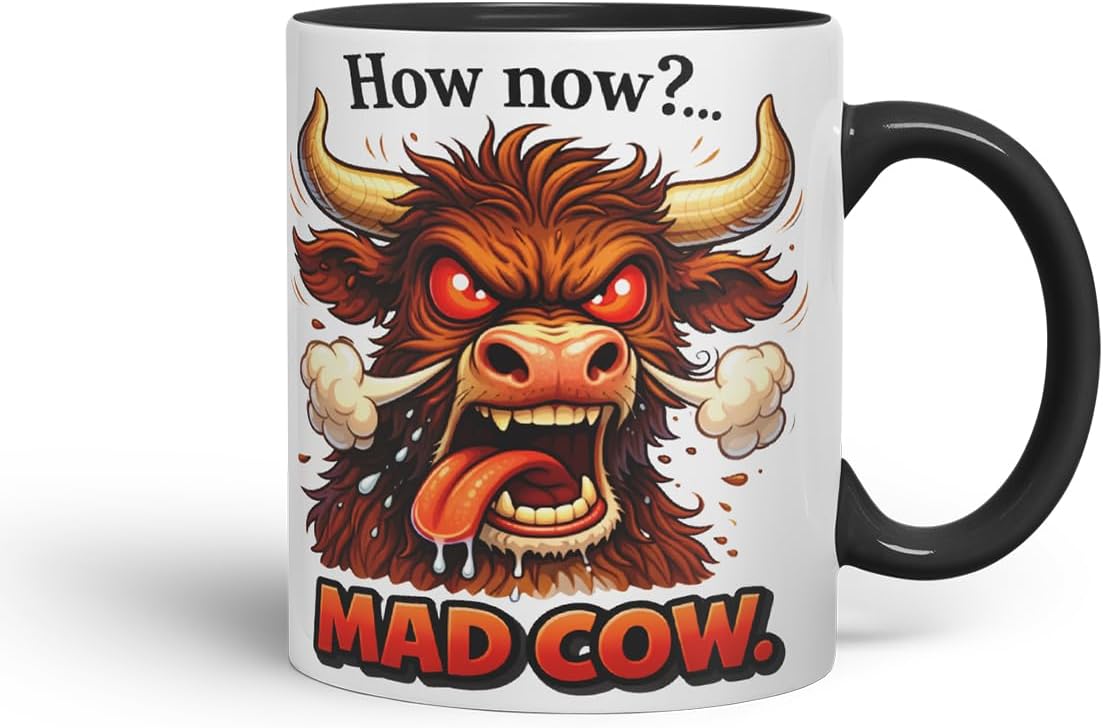 Vixar How Now Mad Cow Funny Highland Cow Mug – Coloured Ceramic Mug Cup Gift, 11oz (Black)
