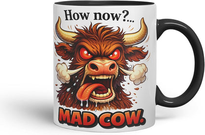 Vixar How Now Mad Cow Funny Highland Cow Mug – Coloured Ceramic Mug Cup Gift, 11oz (Black)