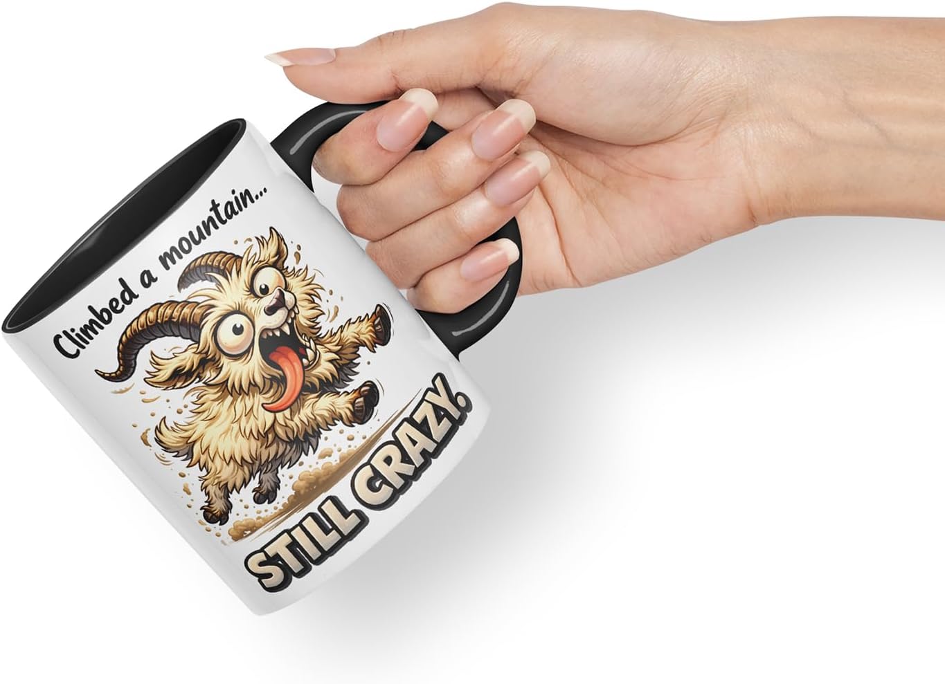 Vixar Climbed A Mountain Still Crazy Funny Goat Mug – Coloured Ceramic Mug Cup Gift, 11oz (Black)