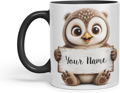 Vixar Personalised Owl Mug with Name or Custom Message – Cute Animal Coloured Ceramic Mug Cup Gift, 11oz (Black)