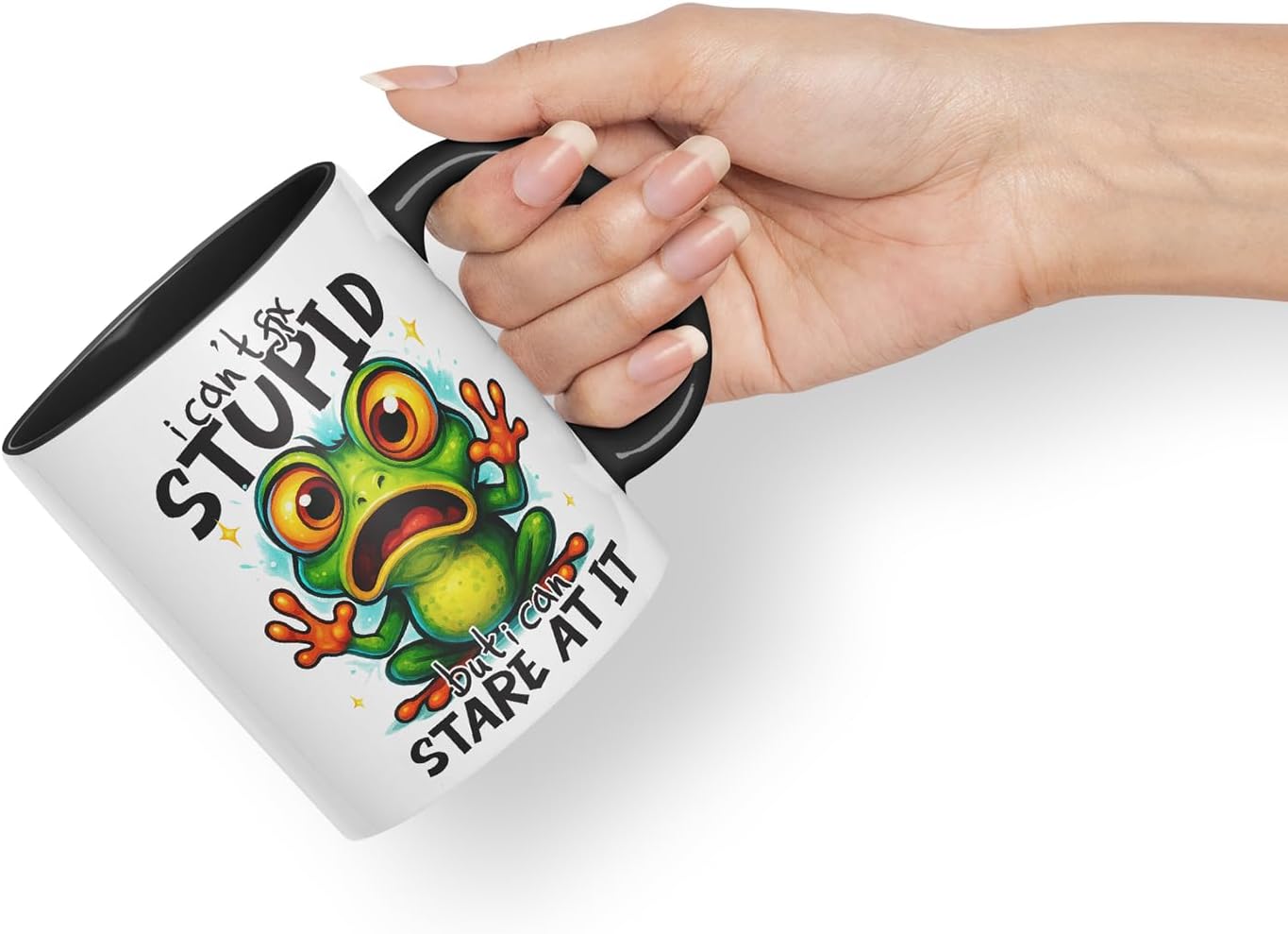 Vixar I Can't Fix Stupid But I Can Stare At It Funny Frog Mug – Coloured Ceramic Mug Cup Gift, 11oz (Black)