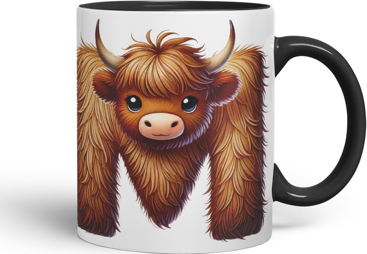 Highland Cow Alphabet Monogram Coloured Ceramic Cup Mug Letter M Rustic Farmhouse Animal Letter Gift V2 11oz (Black)