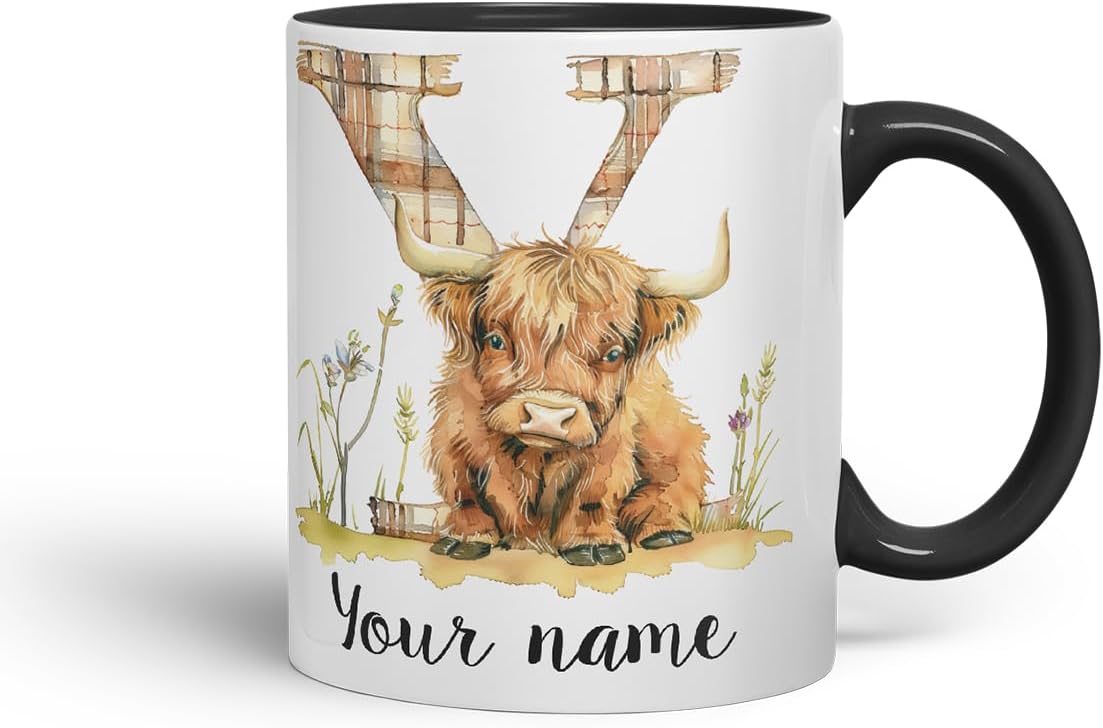 Vixar Personalised Highland Cow Initial Letter Y Custom Name Mug – Coloured Ceramic Mug Cup Gift, 11oz (Black)