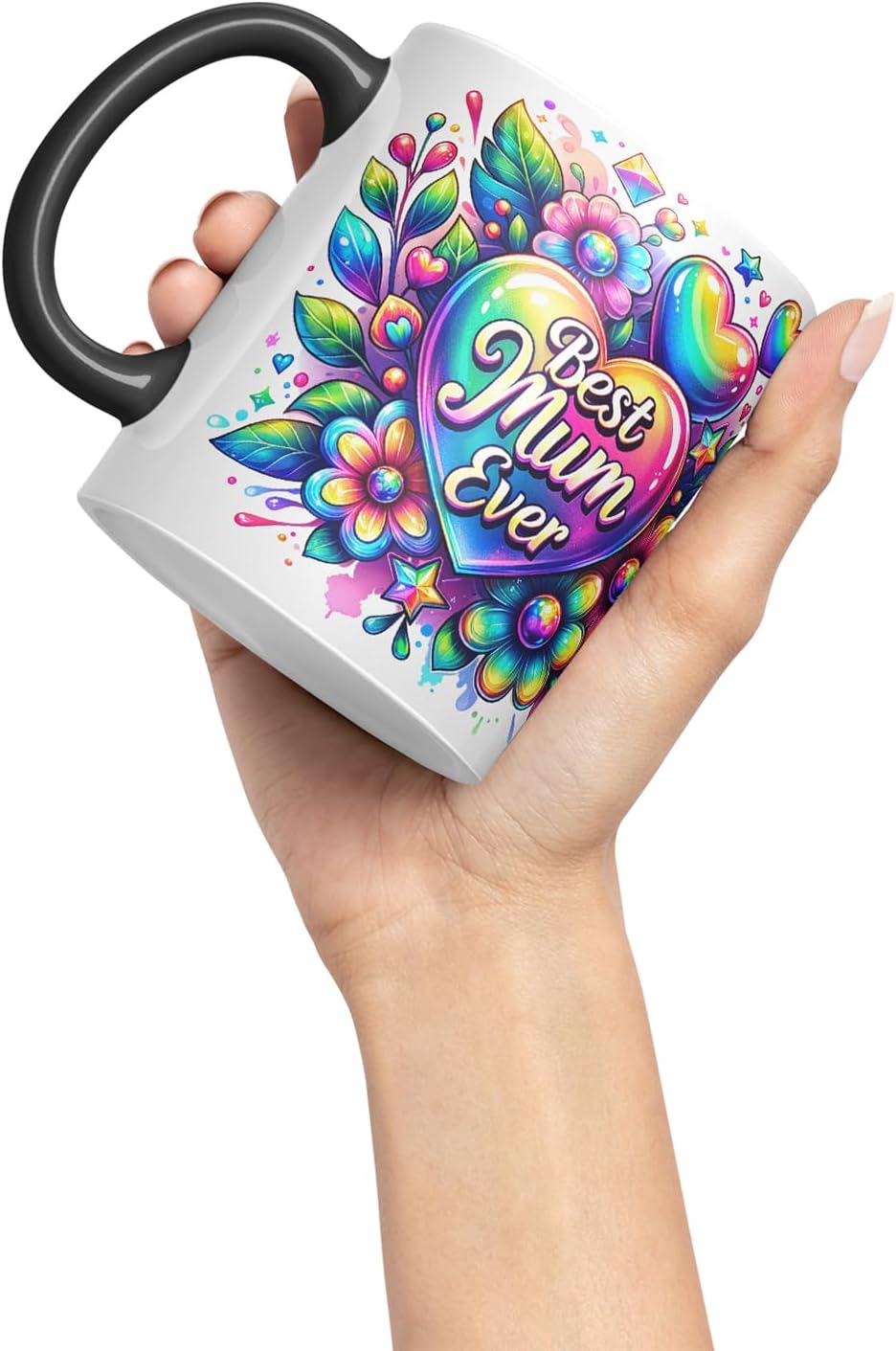Vixar Best Mum Ever Rainbow Floral Mug – Coloured Ceramic Mug Cup Gift, 11oz (Black)
