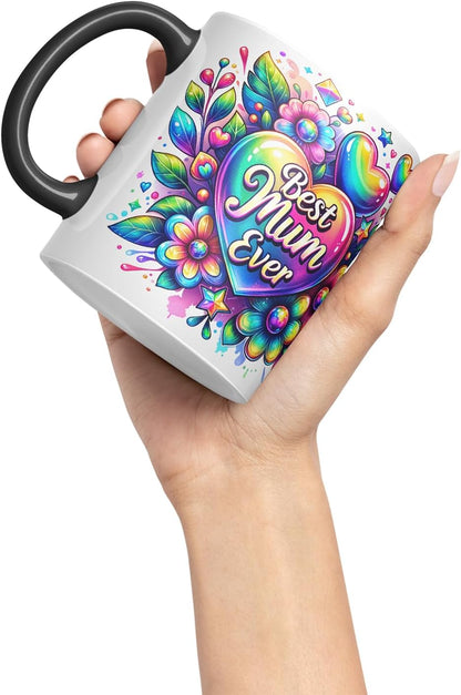 Vixar Best Mum Ever Rainbow Floral Mug – Coloured Ceramic Mug Cup Gift, 11oz (Black)