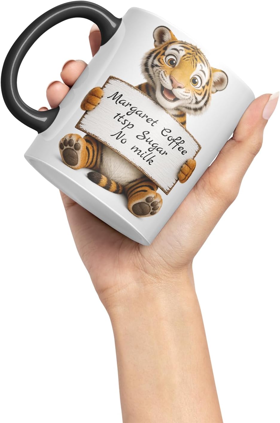 Vixar Personalised Tiger Mug with Name or Custom Message – Cute Animal Coloured Ceramic Mug Cup Gift, 11oz (Black)