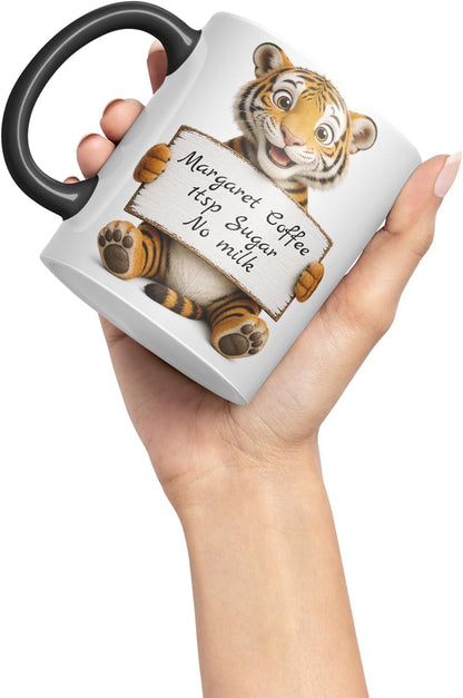 Vixar Personalised Tiger Mug with Name or Custom Message – Cute Animal Coloured Ceramic Mug Cup Gift, 11oz (Black)
