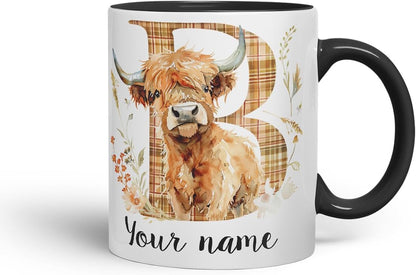 Vixar Personalised Highland Cow Initial Letter B Custom Name Mug – Coloured Ceramic Mug Cup Gift, 11oz (Black)