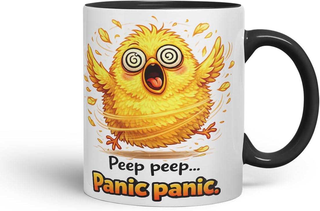 Vixar Peep Peep Panic Panic Chick Coloured Ceramic Mug Cup Gift, 11oz (Black)