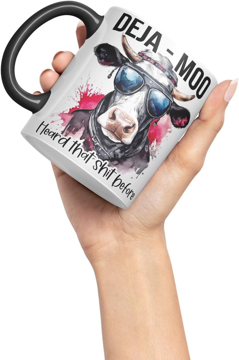 Vixar Deja Moo Heard That Sh.. Before Cow Joke Coloured Ceramic Mug Cup Gift, 11oz (Black)