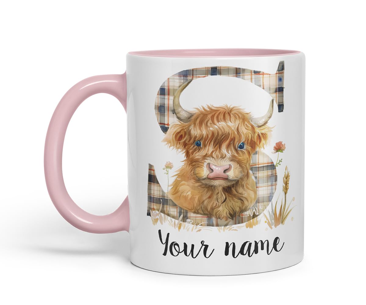 Vixar Personalised Highland Cow Initial Letter S Custom Name Mug – Coloured Ceramic Mug Cup Gift, 11oz (Black)
